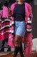 Rose Red Casual Color Block Tassel Patchwork Cardigan Collar Outerwear（With A Scarf）