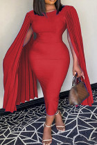 Red Casual Solid Fold O Neck Pencil Skirt Plus Size Dresses