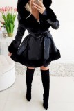 Black Casual Solid With Belt Hooded Collar Outerwear