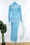 Blue Sexy Solid Patchwork Fold Turtleneck Pleated Dresses