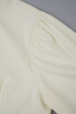 White Elegant Solid Patchwork Buckle With Belt O Neck Long Sleeve Dresses