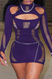 Purple Sexy Casual Solid Hollowed Out O Neck Long Sleeve Dresses