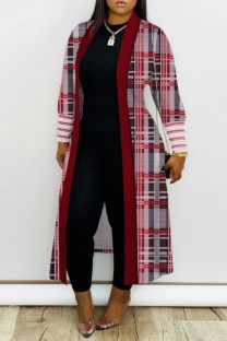 Red Gray Casual Print Cardigan Plus Size Overcoat