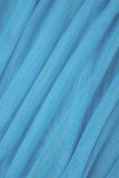 Blue Sexy Solid Patchwork Fold Turtleneck Pleated Dresses