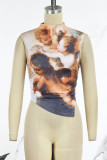 Khaki Sexy Print Patchwork O Neck Tops