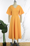 Orange Elegant Solid Patchwork V Neck A Line Short Sleeve Dress
