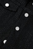 Black Casual Patchwork Hot Drill Turndown Collar Long Sleeve Two Pieces