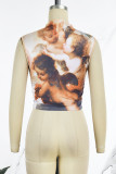 Khaki Sexy Print Patchwork O Neck Tops