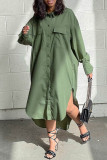 Green Casual Solid Patchwork Turndown Collar Shirt Dress Plus Size Dresses