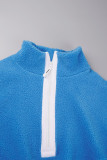 Blue Casual Solid Patchwork Zipper Collar Tops