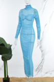 Blue Sexy Solid Patchwork Fold Turtleneck Pleated Dresses