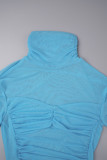 Blue Sexy Solid Patchwork Fold Turtleneck Pleated Dresses