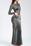 Grey Street Solid Patchwork See-through O Neck Long Dress Dresses