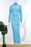 Blue Sexy Solid Patchwork Fold Turtleneck Pleated Dresses