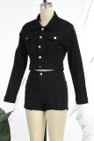 Black Casual Patchwork Hot Drill Turndown Collar Long Sleeve Two Pieces