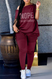 Burgundy Casual Letter Hot Drilling Patchwork Buckle Oblique Collar Plus Size Two Pieces