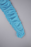 Blue Sexy Solid Patchwork Fold Turtleneck Pleated Dresses