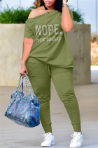 Army Green Casual Letter Hot Drilling Patchwork Buckle Oblique Collar Plus Size Two Pieces