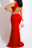 Red Sexy Formal Patchwork Hot Drilling See-through Backless O Neck Evening Dress Dresses
