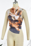 Khaki Sexy Print Patchwork O Neck Tops