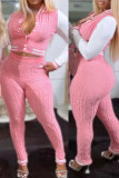 Pink Casual Color Block Patchwork Buckle O Neck Long Sleeve Two Pieces