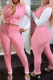 Pink Casual Color Block Patchwork Buckle O Neck Long Sleeve Two Pieces