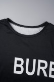 Black Casual Street Print Letter O Neck Tops