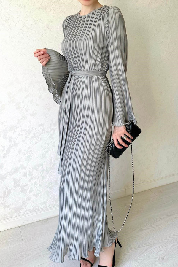 Grey Street Solid Patchwork Pleated O Neck Long Dress Dresses