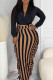 Coffee Casual Color Block Tassel Patchwork Contrast V Neck Long Sleeve Two Pieces