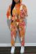 Orange Casual Print Basic Hooded Collar Long Sleeve Two Pieces