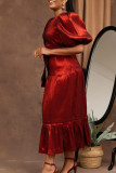 Burgundy Elegant Solid Bandage Patchwork V Neck Long Dress Dresses