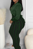Olive Green Casual Color Block Tassel Patchwork Contrast V Neck Long Sleeve Two Pieces