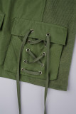 Green Street Solid Patchwork Pocket Cross Straps Zipper O Neck Long Sleeve Two Pieces