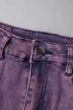 Light Purple College Solid Ripped Pocket Buckle Buttons Zipper Turndown Collar Long Sleeve Two Pieces