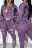 Light Purple College Solid Ripped Pocket Buckle Buttons Zipper Turndown Collar Long Sleeve Two Pieces