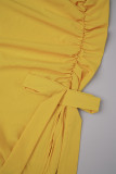 Yellow Street Solid Hollowed Out Patchwork High Opening O Neck Long Dress Dresses