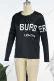 Black Casual Street Print Letter O Neck Tops