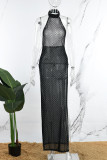 Black Sexy Bronzing Patchwork High Opening Mesh O Neck Long Dress Dresses