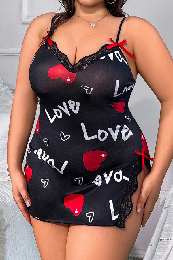 Black Sexy Living Print Slit Spaghetti Strap Plus Size Sleepwear