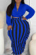 Blue Casual Color Block Tassel Patchwork Contrast V Neck Long Sleeve Two Pieces