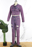 Light Purple College Solid Ripped Pocket Buckle Buttons Zipper Turndown Collar Long Sleeve Two Pieces