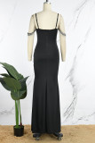 Black Elegant Solid Tassel Patchwork Backless High Opening Spaghetti Strap Long Dress Dresses