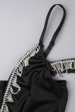 Black Elegant Solid Tassel Patchwork Backless High Opening Spaghetti Strap Long Dress Dresses