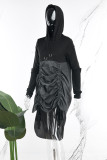 Black Street Solid Patchwork Draw String Hooded Collar Long Dress Dresses