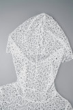 White Sexy Solid Ripped Patchwork Hooded Collar Tops