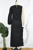 Black Street Solid Hollowed Out Patchwork High Opening O Neck Long Dress Dresses