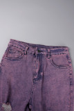 Light Purple College Solid Ripped Pocket Buckle Buttons Zipper Turndown Collar Long Sleeve Two Pieces