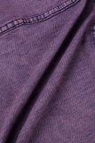 Light Purple College Solid Ripped Pocket Buckle Buttons Zipper Turndown Collar Long Sleeve Two Pieces