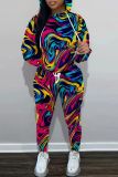 Multicolor Casual Print Basic Hooded Collar Long Sleeve Two Pieces