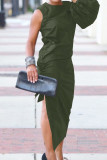 Army Green Street Solid Hollowed Out Patchwork High Opening O Neck Long Dress Dresses